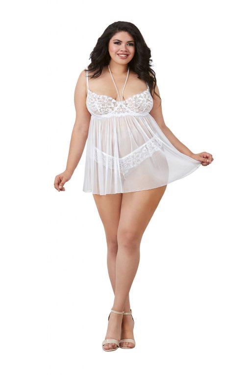 BABYDOLL W/ RESTRAINTS & G-STRING WHITE QUEEN O/S male Q