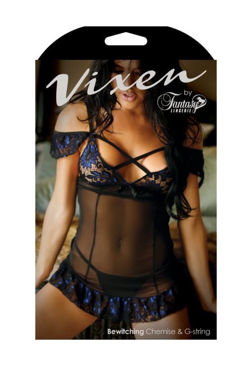 BEWITCHING CHEMISE & G STRING BLACK/BLUE OS details