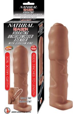 NATURAL REALSKIN VIBRATING UNCIRCUMCISED XTENDER W/ SCROTUM RING BROWN main