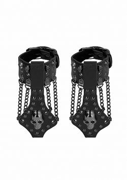 OUCH! SKULLS & BONES HANDCUFFS W/ SKULLS & CHAINS BLACK main