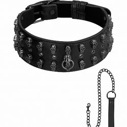 OUCH! SKULLS & BONES NECK CHAIN W/ SKULLS AND LEASH BLACK main