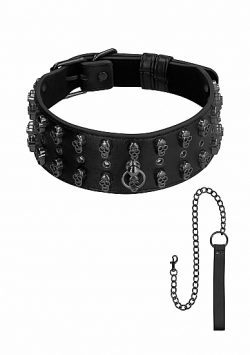 OUCH! SKULLS & BONES NECK CHAIN W/ SKULLS AND LEASH BLACK main