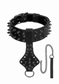 OUCH! SKULLS & BONES NECK CHAIN W/ SPIKES AND LEASH BLACK main