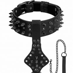 Ouch! Skulls & Bones Neck Chain with Spikes And Leash Black
