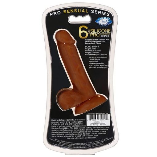 PRO SENSUAL PREMIUM SILICONE DONG W/ 3 C RINGS BROWN 6 " back