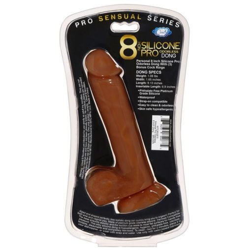 PRO SENSUAL PREMIUM SILICONE DONG W/ 3 C RINGS BROWN 8 " back