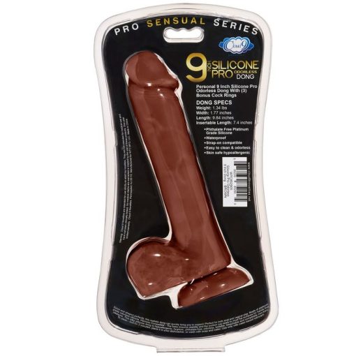 PRO SENSUAL PREMIUM SILICONE DONG W/ 3 C RINGS BROWN 9 " back