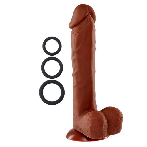 PRO SENSUAL PREMIUM SILICONE DONG W/ 3 C RINGS BROWN 9 " details