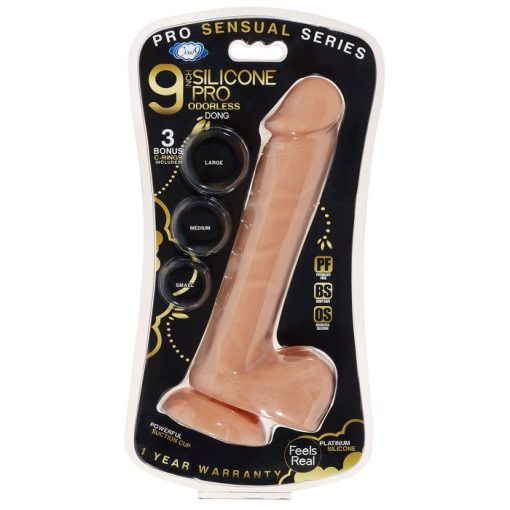 PRO SENSUAL PREMIUM SILICONE DONG W/ 3 C RINGS TAN 9 " main