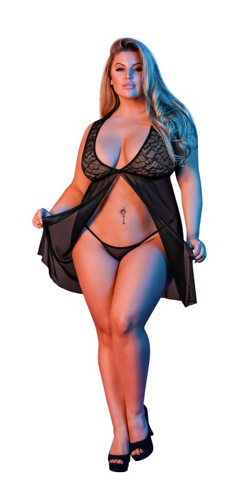 SEXY TIME FLY AWAY BABY DOLL & G-STRING SET BLACK 2X male Q