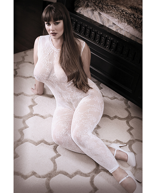SHEER FANTASY FLORAL BODYSTOCKING LACE EDGE QUEEN WHITE details
