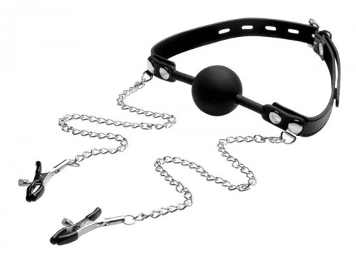 STRICT SILICONE BALL GAG W/NIPPLE CLAMPS (Out End Aug) back