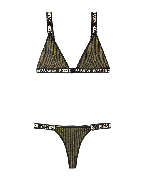 VIBES BO$$ BITCH BRALETTE & PANTY W/ GOLD RINGS LARGE/XL details