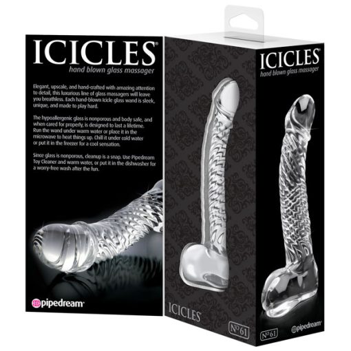 Icicles No 61 Textured Glass Dildo With Balls Clear 5 Inch 3