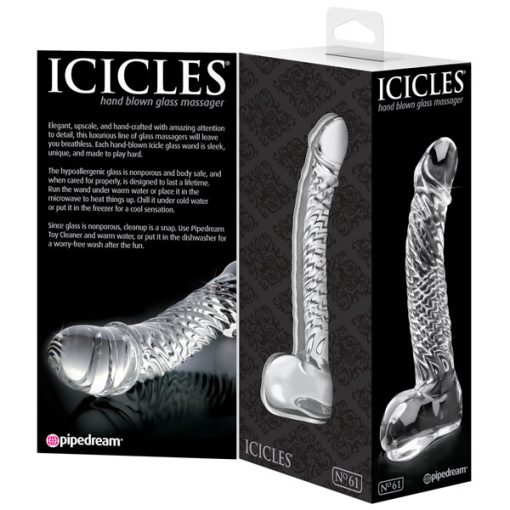 Icicles No 61 Textured Glass Dildo With Balls Clear 5 Inch - Image 3