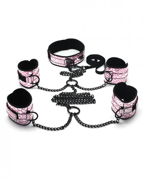 Spartacus Faux Leather Collar To Wrist & Ankle Restraints Bondage Kit W/leash – Pink