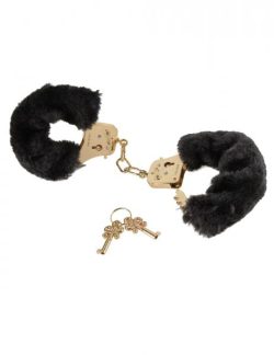 Deluxe Furry Cuffs Black Fur Gold Handcuffs main