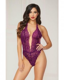 Floral Lace Teddy Halter Ties & Snap Crotch Purple O/S main