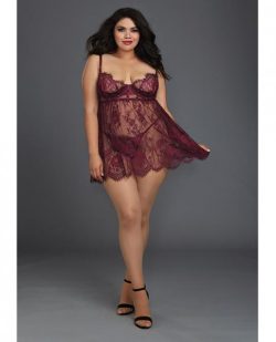 Lace Babydoll Underwire Cups & Thong Purple 2X main