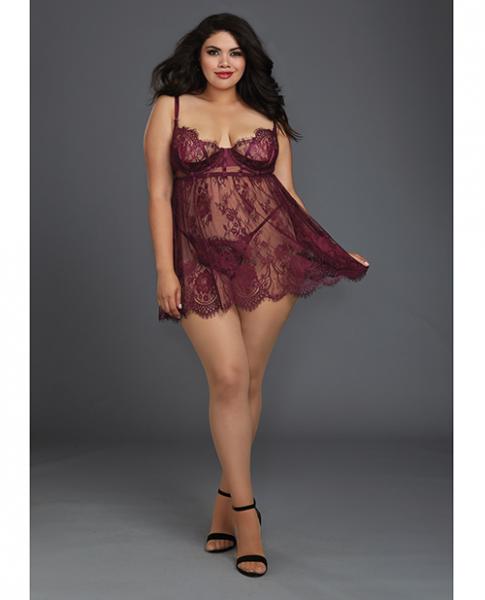 Lace Babydoll Underwire Cups & Thong Purple 2X