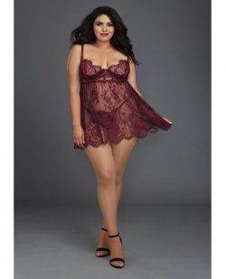 Lace Babydoll Underwire Cups & Thong Purple 3X main