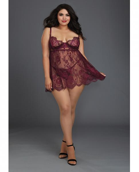 Lace Babydoll Underwire Cups & Thong Purple 3X