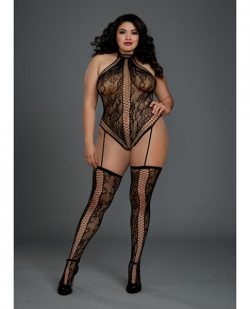 Lace Halter Teddy Bodystocking Garters & Thigh Highs Black Qn main