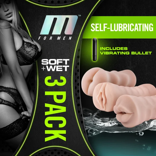 M For Men 3 Pk Vibrating Self Lubricating Stroker Sleeve Kit promo