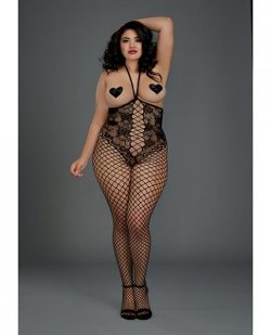 Open Cup Open Crotch Bodystocking Knitted Lace Teddy Black Qn main