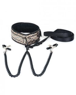 Spartacus Faux Leather Collar & Leash Black Nipple Clamps Gold main