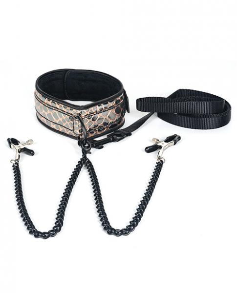 Spartacus faux leather collar & leash black nipple clamps gold main