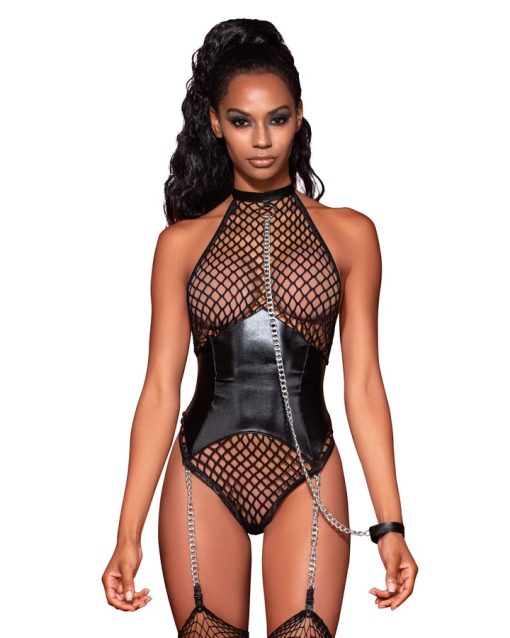 Fishnet halter teddy w/ faux leather corset black o/s naughty role play 3