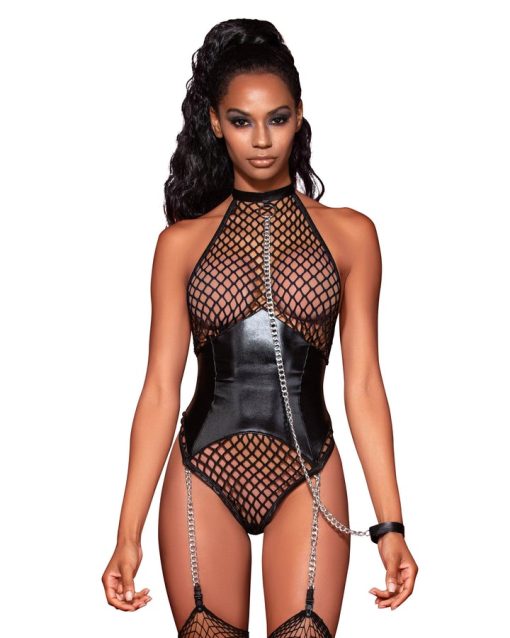 Fishnet Halter Teddy W/ Faux Leather Corset Black O/S Naughty Role Play 3