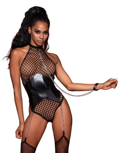 Fishnet Halter Teddy W/ Faux Leather Corset Black O/S Naughty Role Play Main Image