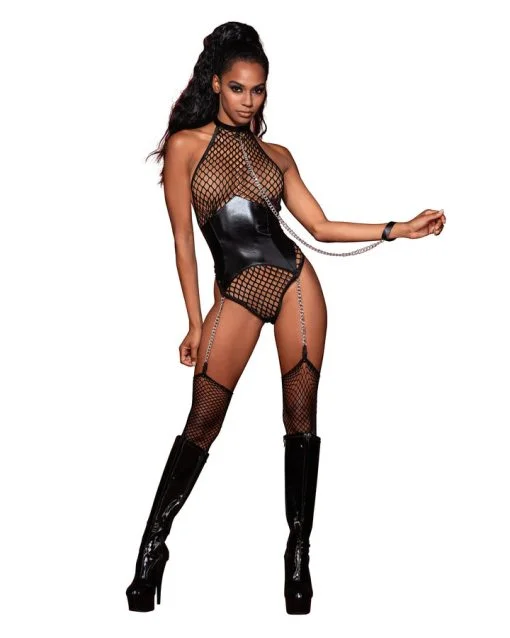 Fishnet Halter Teddy W/ Faux Leather Corset Black O/S - Image 4