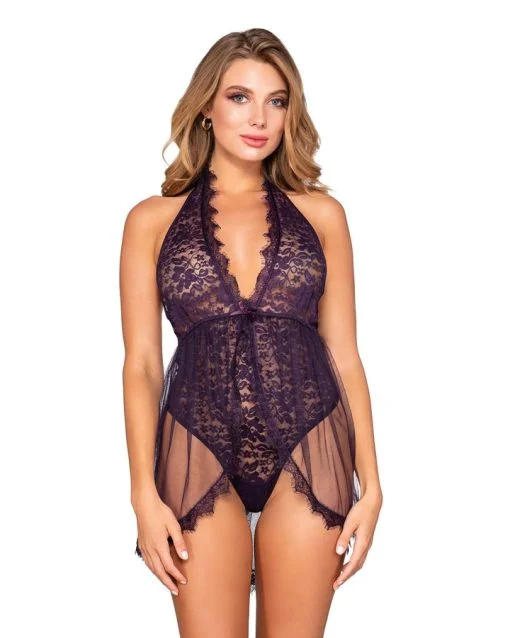 Halter Plunge Front Stretch Lace Teddy Eggplant O/S Naughty Role Play 3