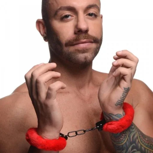 Master Series Cuffed In Fur Handcuffs Red - Image 4