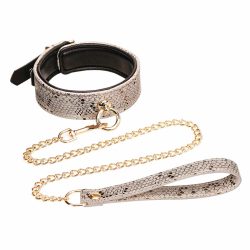 Microfiber Snake Print Collar & Leash White W Leather Lining Bondage Kits Main Image