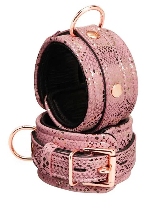 Microfiber Snake Print Wrist Restraints Pink W Leather Lining 1