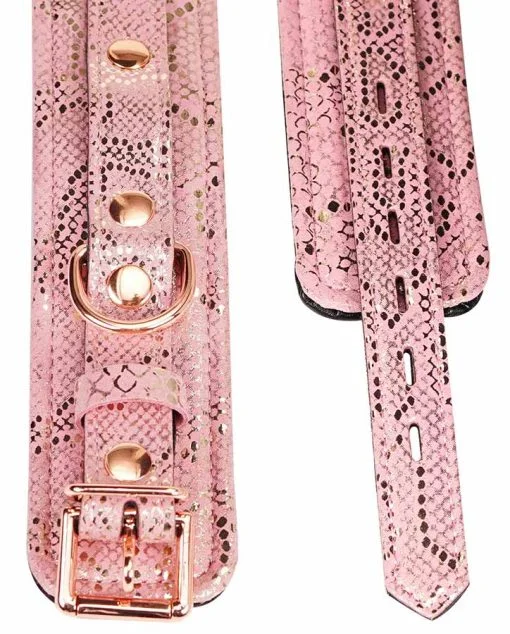 Microfiber Snake Print Wrist Restraints Pink W Leather Lining 2