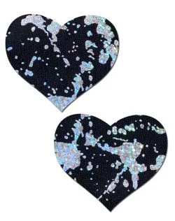 Pastease Splatter Holographic Heart Black/Silver Nipple Play Main Image