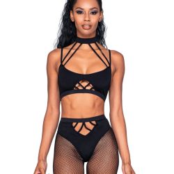 Strappy Bralette & Pantyhose 2Pc Black O/S Bra Sets Main Image