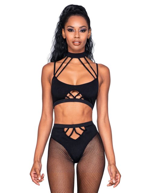 Strappy Bralette & Pantyhose 2Pc Black O/S Bra Sets Main Image