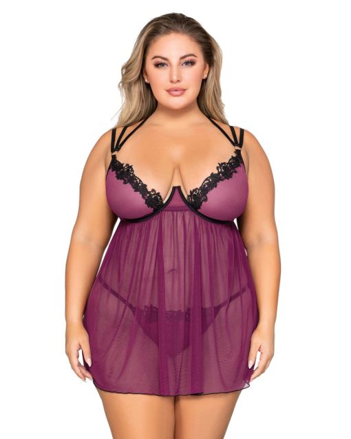 Stretch Mesh Babydoll W/ Contrast Lace Mulberry Q/S Babydolls & Slips 3