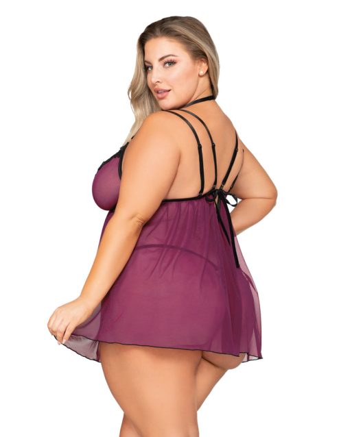 Stretch Mesh Babydoll W/ Contrast Lace Mulberry Q/S 1