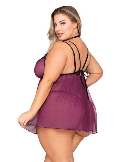 Stretch Mesh Babydoll W/ Contrast Lace Mulberry Q/S - Image 3