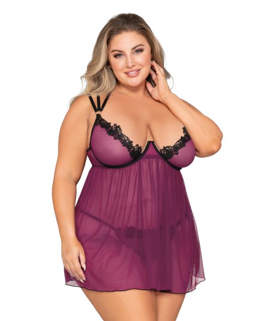 Stretch Mesh Babydoll W/ Contrast Lace Mulberry Q/S Babydolls & Slips Main Image