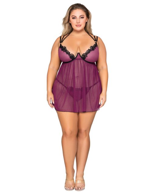 Stretch Mesh Babydoll W/ Contrast Lace Mulberry Q/S 2