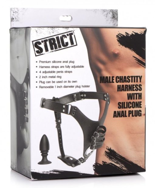Strict male chastity harness w/ silicone anal plug mens cock & ball gear main image
