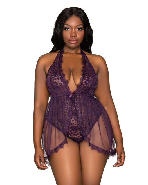 (Wd) Halter Plunge Front Stret Lace Teddy Eggplant Q/S Teddies 3